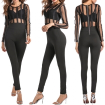 Sexy See-through Gauze Spliced Long Sleeve Round Neck Tight Jumpsuit