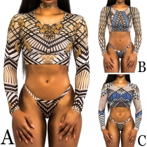 Sexy Long Sleeve Round Neck Crop Top + Low-waist Panty Printed Swimsuit Set