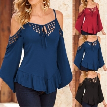 Sexy Hollow Out Off-shoulder Long Sleeve Irregular Ruffle Hem Solid Color Top