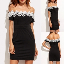 Sexy Off-shoulder Lace Spliced Wide Neckline Short Sleeve Slim Fit Party Dress