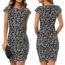 Fashion Letters/Plaid Printed Short Sleeve Round Neck Pencil Dress