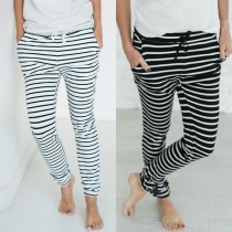 Fashion Drawstring Waist Breathable Casual Striped Pants