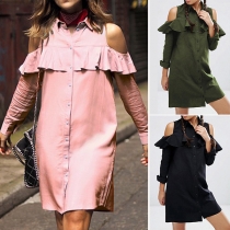 Sexy Off-shoulder Long Sleeve Solid Color Ruffle Shirt Dress