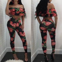Sexy Off-shoulder Ruffle Crop Top + High Waist Pants Printed Two-piece Set