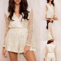 Sexy Backless Deep V-neck Long Sleeve Sequin Romper