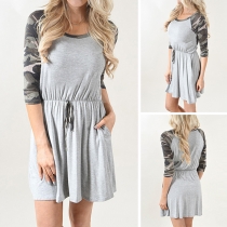 Fashion Camouflage Printed Spliced 3/4 Sleeve Round Neck Dress