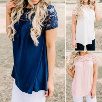 Fashion Lace Spliced Short Sleeve Round Neck Solid Color T-shirt