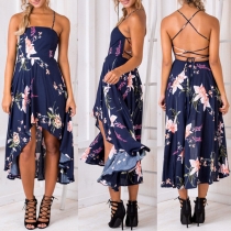 Sexy Backless High-low Hem Printed Sling Dress