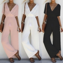 Sexy Deep V-neck Short Sleeve High Waist Solid Color Jumpsuit (Size falls small)