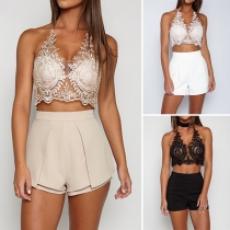 Sexy Backless See-through Lace Spliced Halter Crop Top