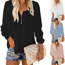 Bohemian Style Lace Spliced Long Sleeve V-neck Solid Color Top