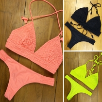Sexy Solid Color Wrinkled Halter Bikini Set