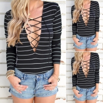 Sexy Lace-up Deep V-neck Long Sleeve Striped T-shirt