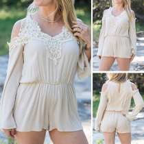 Sexy Off-shoulder Long Sleeve Lace Spliced V-neck Romper