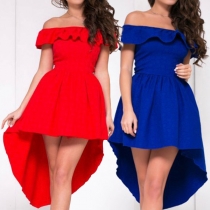 Sexy Off-shoulder Boat Neck High-low Hem Solid Color Party Dress