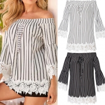 Sexy Off-shoulder Boat Neck Lace Spliced Trumpet Sleeve Striped Top