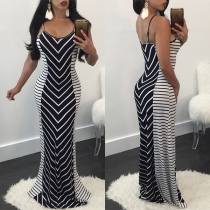 Sexy Backless Contrast Color Striped Sling Party Dress