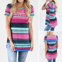 Fashion Short Sleeve Round Neck Colorful Striped T-shirt