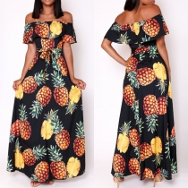 Sexy Off-shoulder Boat Neck High Waist Pineapple Printed Dress