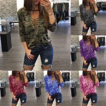 Sexy Lace-up Deep V-neck Long Sleeve Camouflage Printed T-shirt
