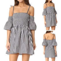 Sexy Backless Off-shoulder Lotus Sleeve Plaid Dress