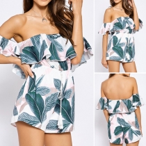 Sexy Off-shoulder Ruffle Boat Neck High Waist Printed Romper