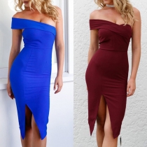 Sexy Oblique Shoulder Slit Hem Solid Color Slim Fit Party Dress