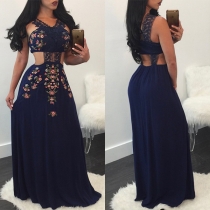 Sexy Backless Hollow Out High Waist Lace Spliced Printed Party Dress