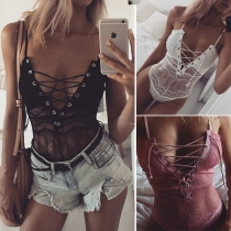 Sexy Lace-up Deep V-neck See-through Lace Spliced Sling Bodysuit
