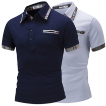Fashion Plaid Spliced Short Sleeve POLO Collar Men's T-shirt