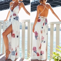 Sexy Backless Deep V-neck High Slit Hem Printed Dress