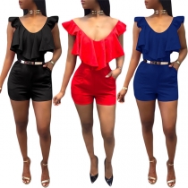 Sexy Backless V-neck High Waist Solid Color Ruffle Romper