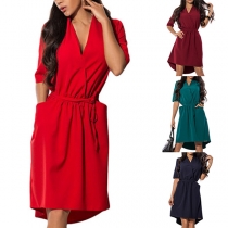 Elegant Solid Color Short Sleeve V-neck High-low Hem Dress