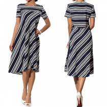 Fashion Short Sleeve Round Neck Striped Dress