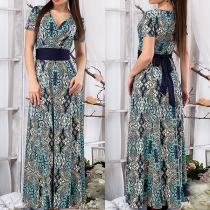 Elegant Style Short Sleeve V-neck High Waist Printed Maxi Dress