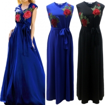 Elegant Solid Color Sleeveless V-neck Embroidered Spliced Party Dress