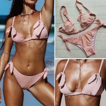 Sexy Backless Solid Color Knotted Bikini Set