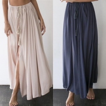 Fresh Style Solid Color High Waist Slit Hem Skirt