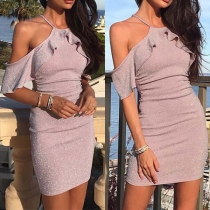 Sexy Off-shoulder Ruffle Solid Color Slim Fit Dress