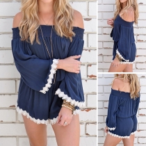 Sexy Off-shoulder Boat Neck Lace Spliced Trumpet Sleeve Romper