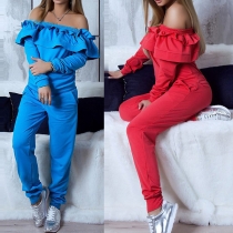 Sexy Ruffle Wide Neckline Long Sleeve Solid Color Jumpsuit