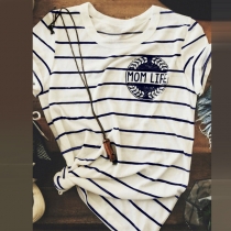 Fashion Letters Printed Short Sleeve Round Neck Striped T-shirt