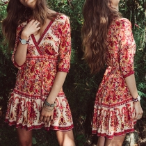 Bohemian Style Half Sleeve V-neck Printed Dress