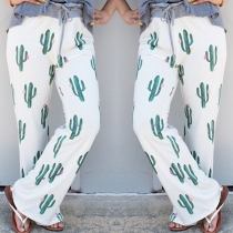 Fashion Drawstring Waist Cactus Printed Wide-leg Pants