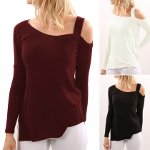 Sexy One-shoulder Long Sleeve Slit Hem Solid Color T-shirt