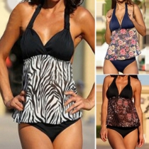 Sexy Backless Printed Spliced Swimsuit Set