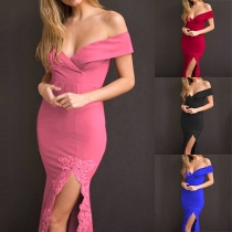 Sexy Off-shoulder V-neck Lace Spliced Slit Hem Evening Dress