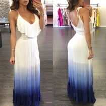 Sexy Backless Ruffle V-neck High Waist Color Gradient Sling Dress