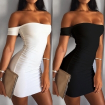 Sexy Off-shoulder Boat Neck Short Sleeve Solid Color Tight Dress