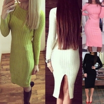 Fashion Solid Color Long Sleeve Round Neck Slit Hem Slim Fit Sweater Dress